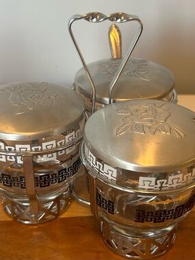 Vintage Libbey 3-Jar Condiment Set Glass Chrome Caddy w Spoons MCM